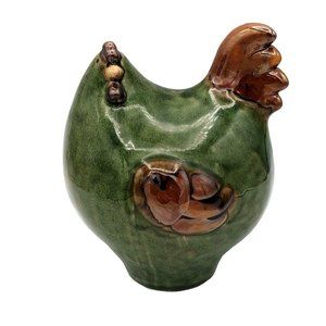 Large Hand Painted Glazed Chicken Figurine Plump Farmyard Cottagecore Decor 6 In
